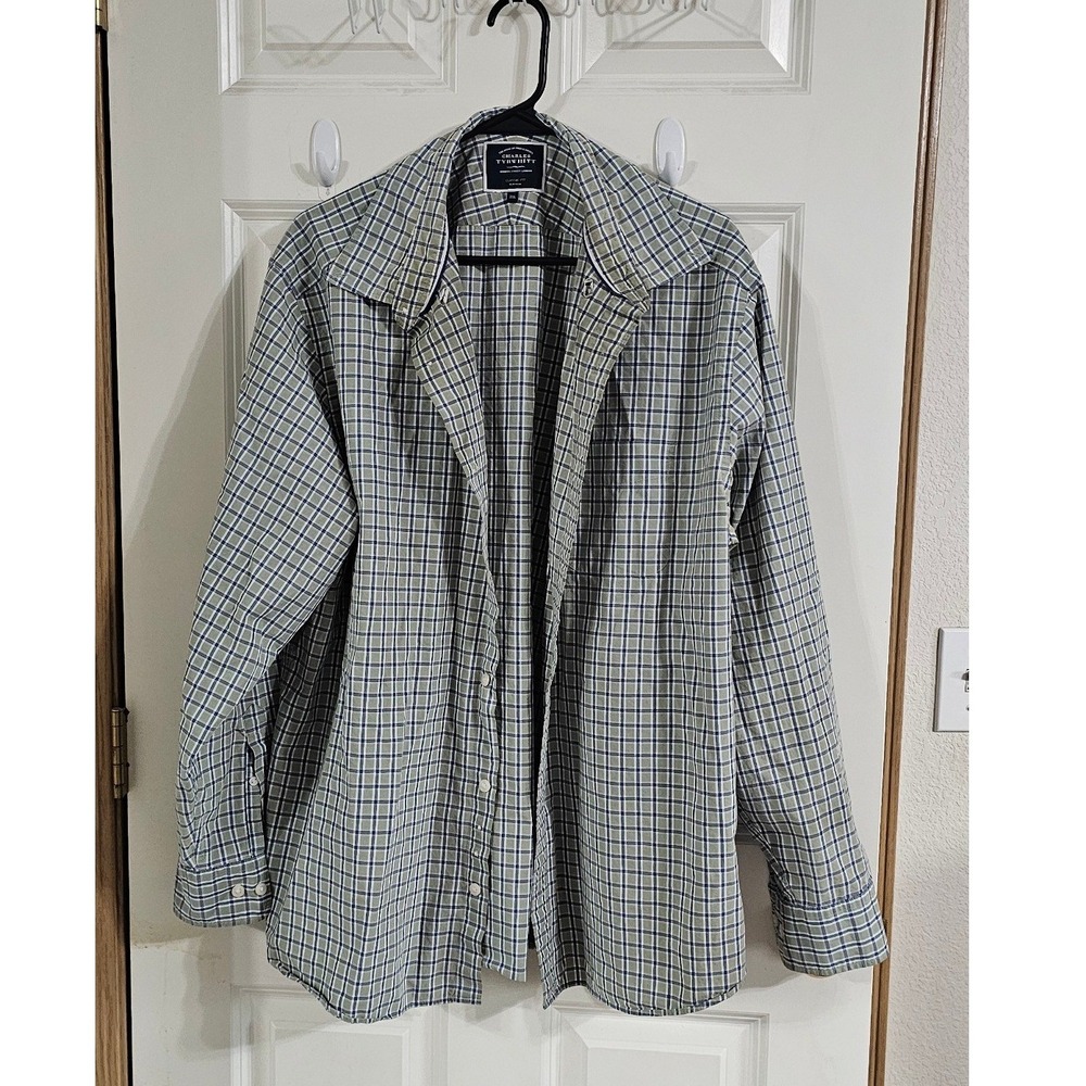 Charles Tyrwhitt Men XXL Classic Fit Non-Iron Check Button Down Shirt Green Blue